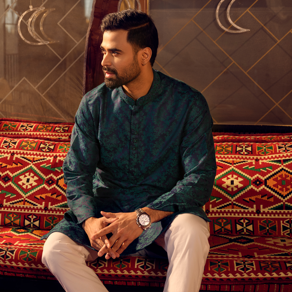 Lubnan Men’s Regular Fit Blue Color Printed Premium Panjabi - LubnanBD