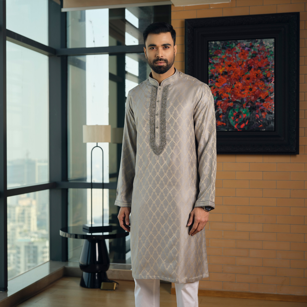 Lubnan Men’s Regular Fit Grey & Silver Color Premium Panjabi - LubnanBD