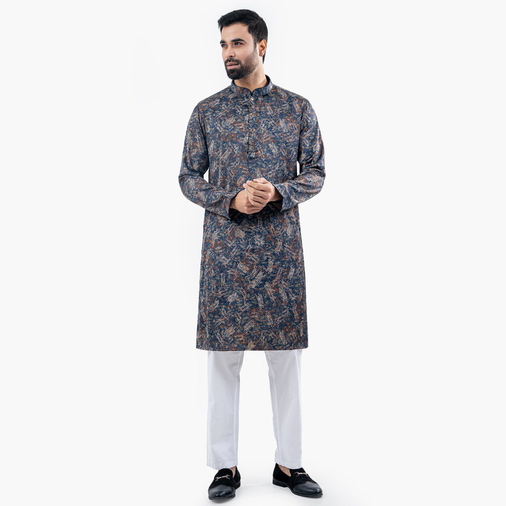 Lubnan Mens Blue Contrasted Slim Fit Casual Panjabi - LubnanBD