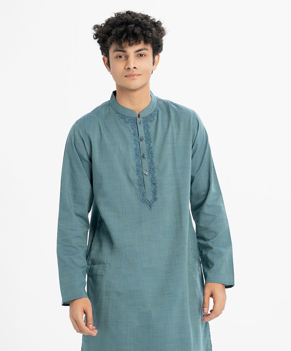 Teal Cotton Slim-Fitted Panjabi