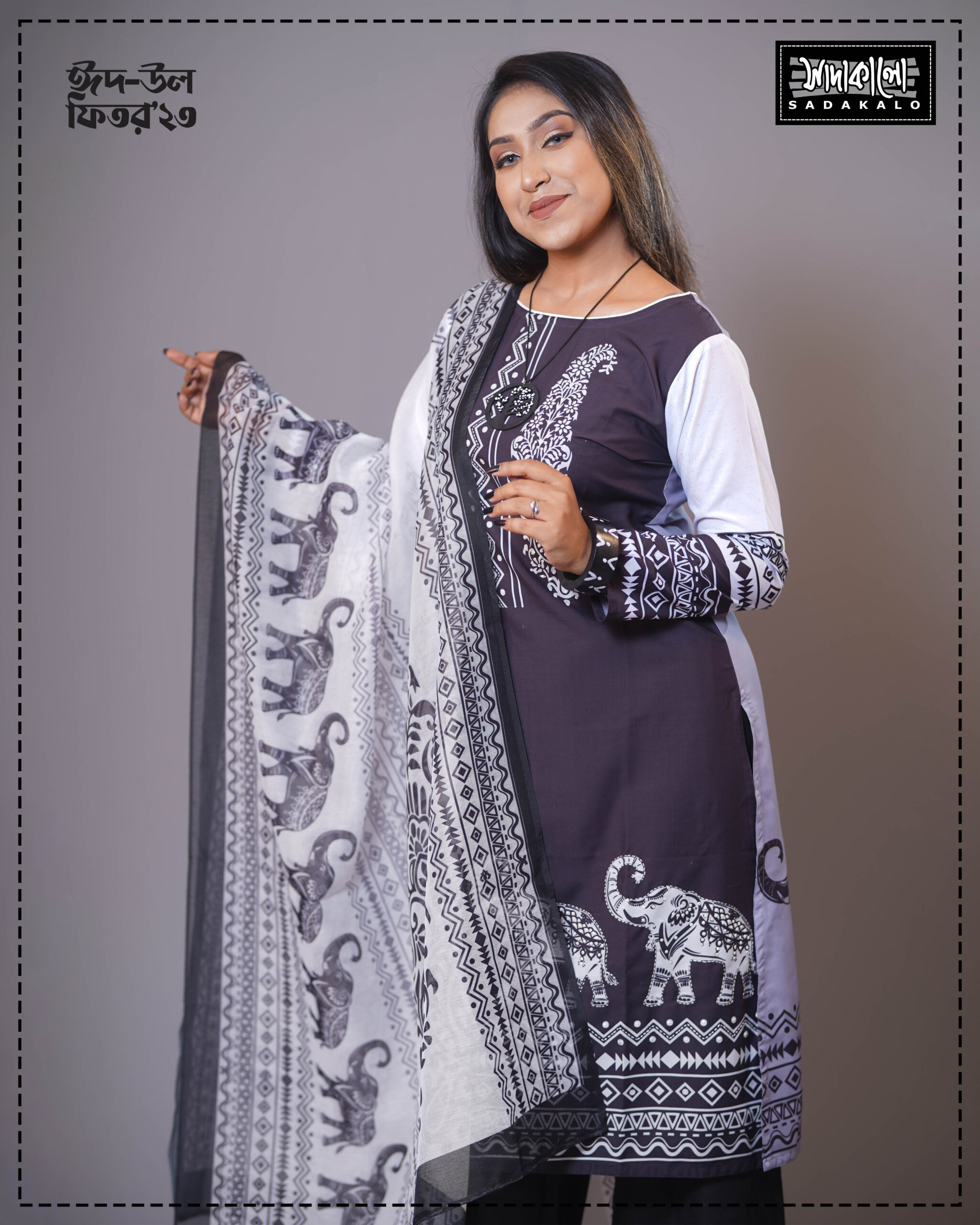Best Designable Black and White Color Cotton Kameez Set at Sadakalo