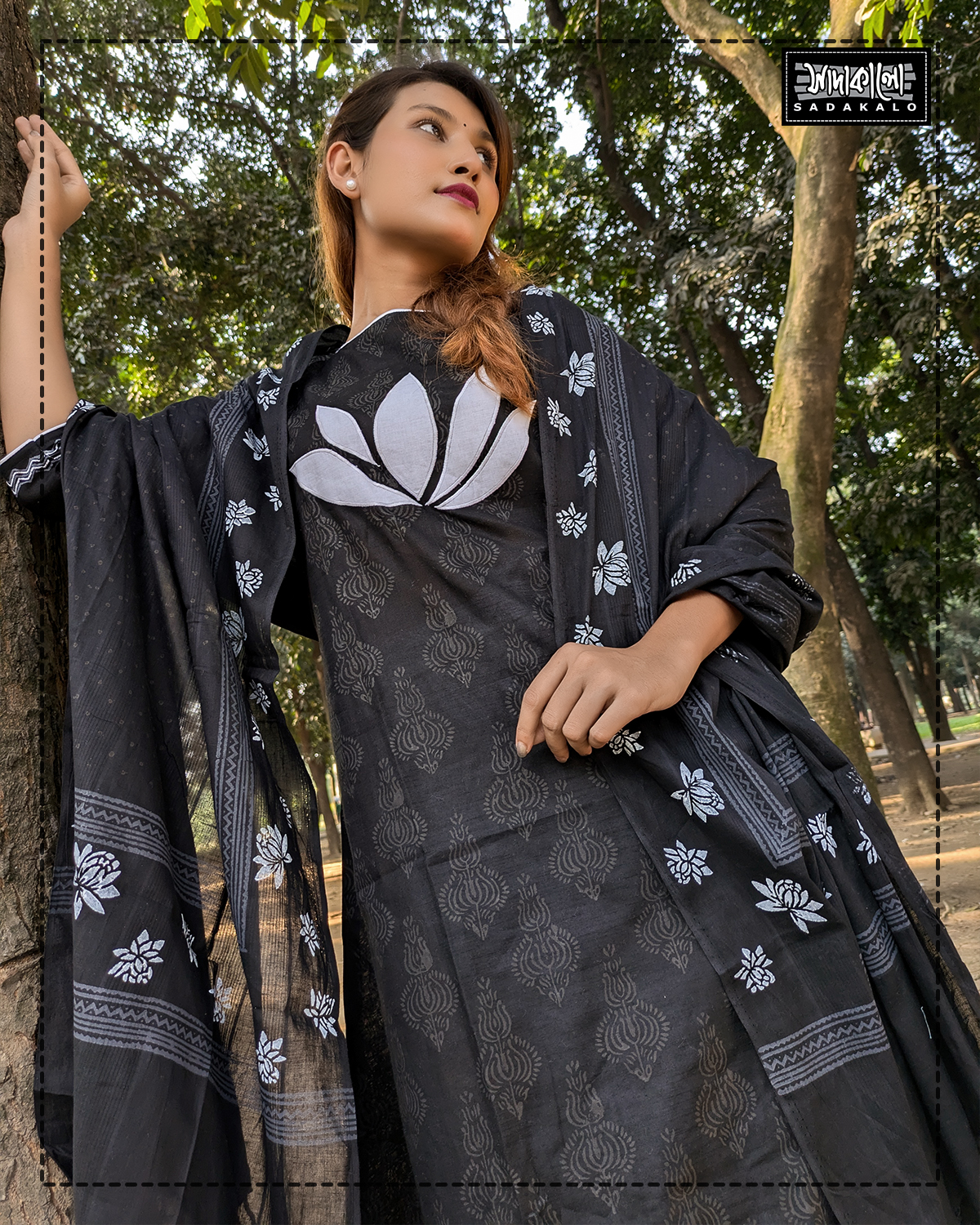 New Looking Black Color Block Printed Cotton Kameez Set