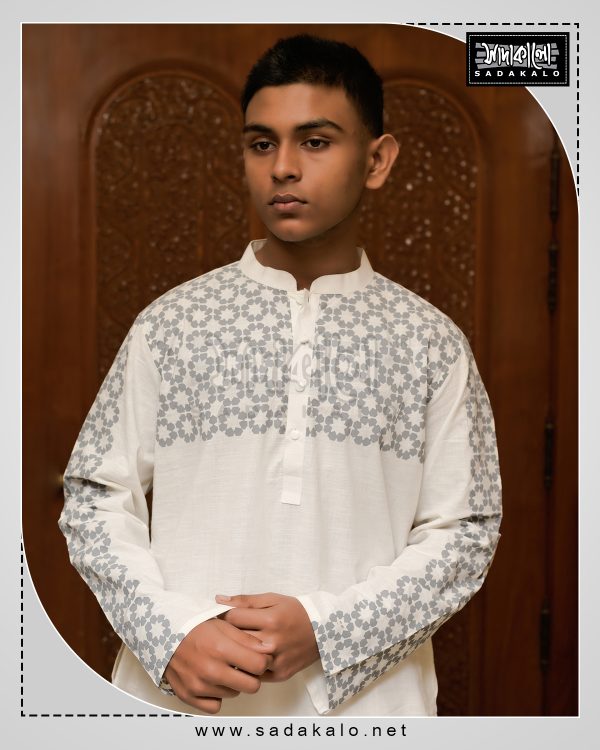 New Eid Stylish Block Printed Cotton Fabric White Panjabi