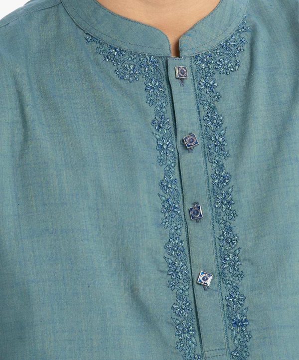 Teal Cotton Semi Fitted Panjabi